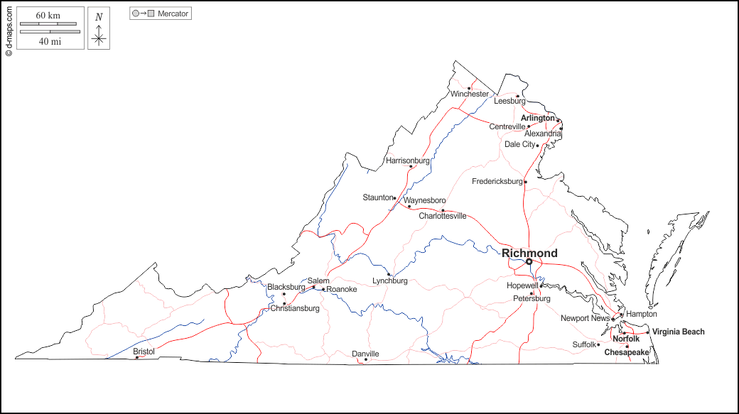 Virginia : d-maps.com: mappa gratuita, mappa muta gratuita, cartina muta gratuita : contorni, idrografia, principali città, strade, nomi, bianco