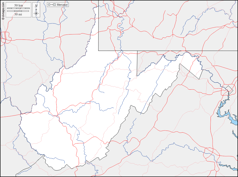 Virgínia Ocidental : d-maps.com: mapa livre, mapa em branco livre, mapa livre do esboço, mapa básico livre
 : fronteiras, hidrografia, estradas