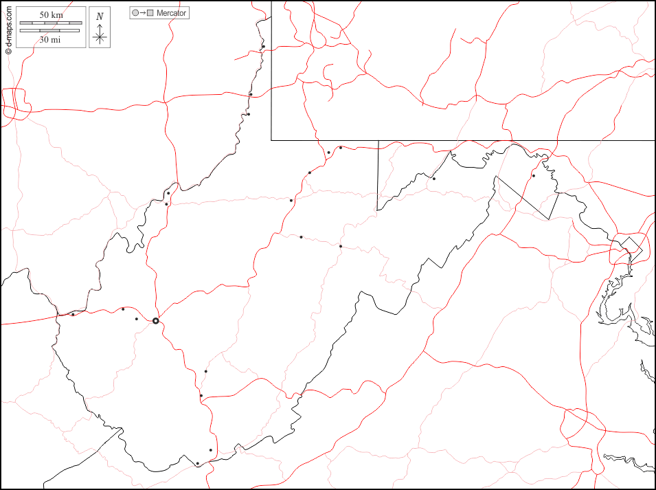 Virgínia Ocidental : d-maps.com: mapa livre, mapa em branco livre, mapa livre do esboço, mapa básico livre
 : fronteiras, principais cidades, estradas, branco
