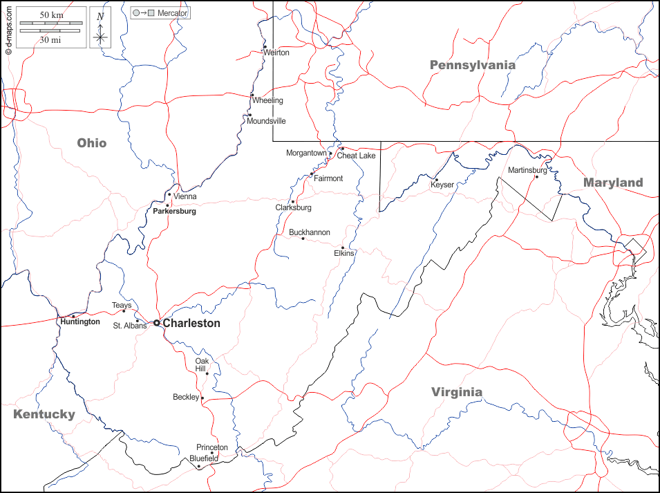 West Virginia : d-maps.com: Kostenlose Karten, kostenlose stumme Karte, kostenlose unausgefüllt Landkarte, kostenlose hochauflösende Umrisskarte : Grenzen, Hydrografie, Wichtige Städte, Straßen, Namen, weiß