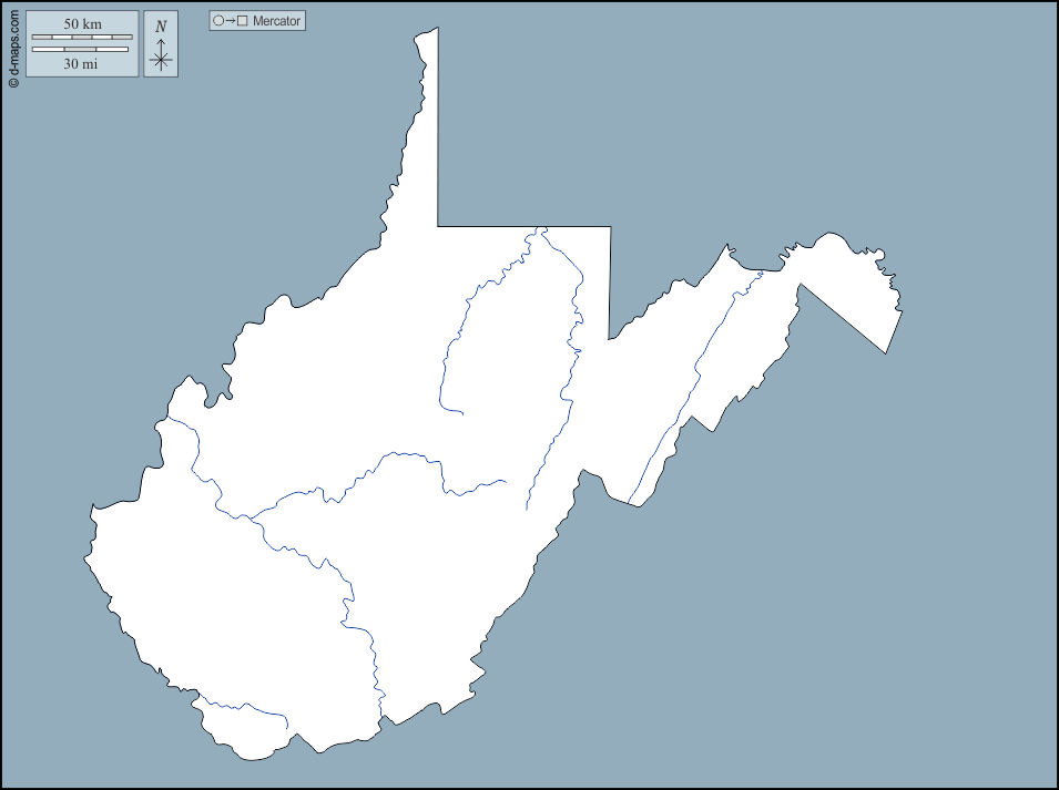 Virginie-Occidentale : d-maps.com: carte géographique gratuite, carte géographique muette gratuite, carte vierge gratuite, fond de carte gratuit, formats graphiques courants : contours, hydrographie