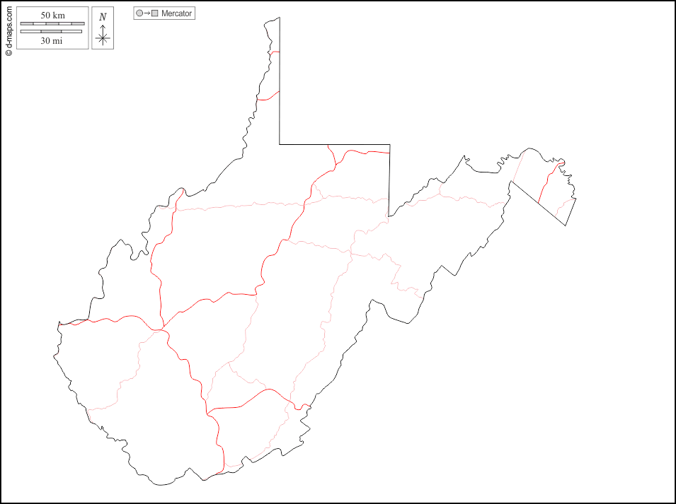 Virgínia Ocidental : d-maps.com: mapa livre, mapa em branco livre, mapa livre do esboço, mapa básico livre
 : contornos, estradas, branco