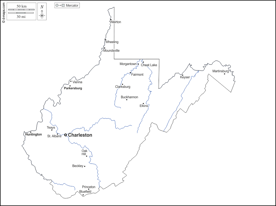 Virginia Occidentale : d-maps.com: mappa gratuita, mappa muta gratuita, cartina muta gratuita : contorni, idrografia, principali città, nomi, bianco