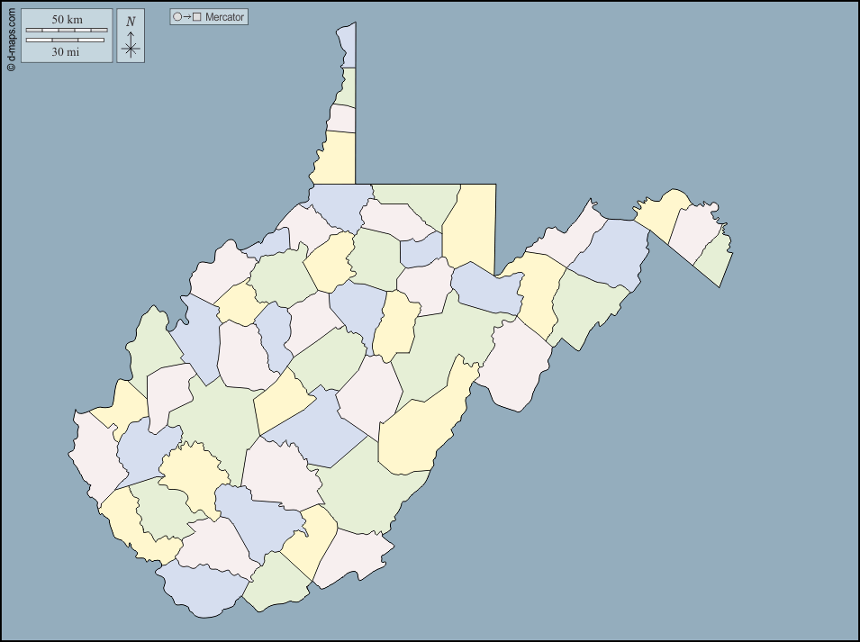 West Virginia : d-maps.com: Kostenlose Karten, kostenlose stumme Karte, kostenlose unausgefüllt Landkarte, kostenlose hochauflösende Umrisskarte : Umrisse, Landkreise, Farbe
