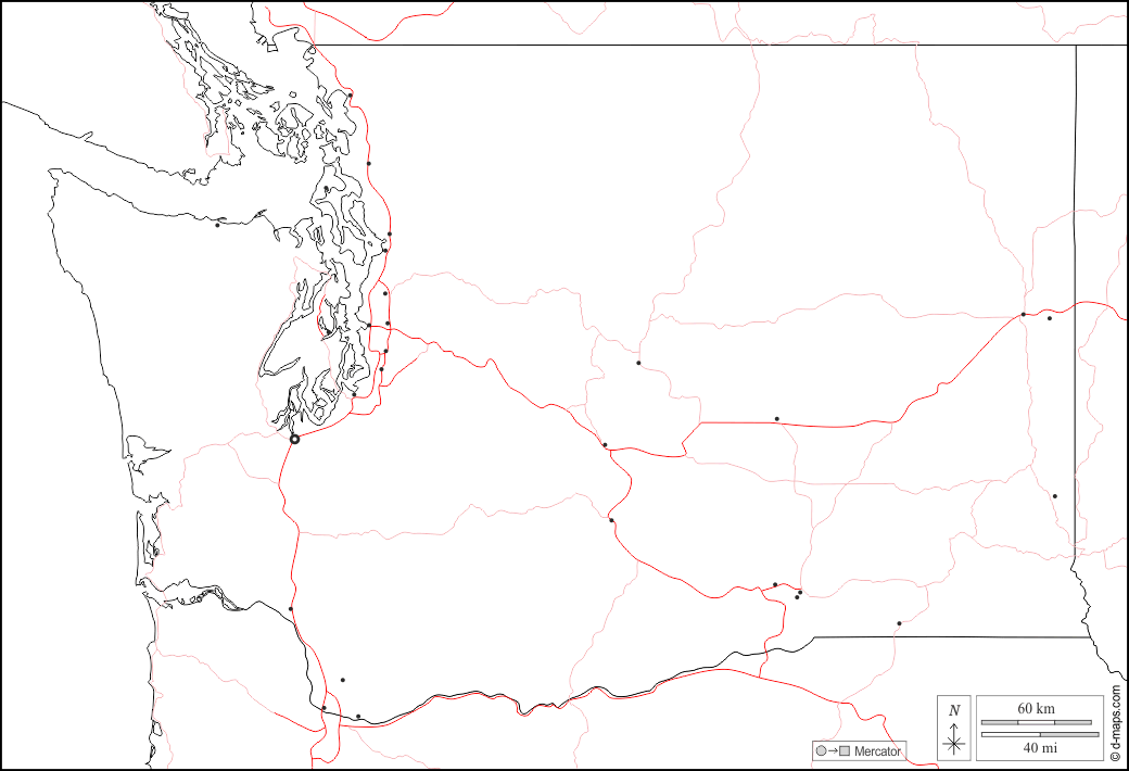 Вашингтон : d-maps.com: Бесплатная карта, бесплатная карта, свободная карта, Бесплатная базовая карта
 : границы, Главные города, дорог, Белый