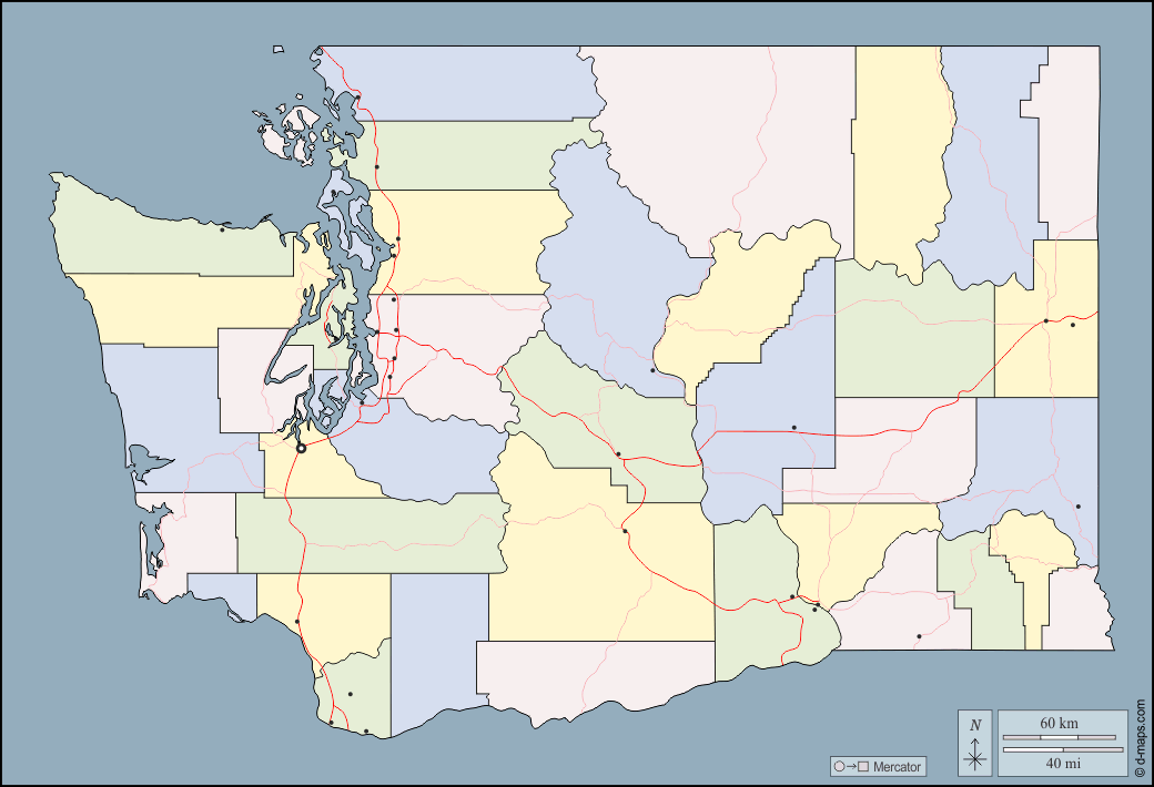 ワシントン : d-maps.com: 無料地図, 無料の空の地図, 無料のアウトラインマップ, 無料のベースマップ
 : 輪郭, 郡, 主要都市, 道路, 色
