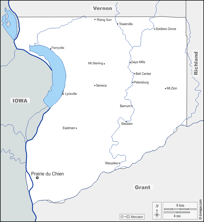 Contea di Crawford : d-maps.com: mappa gratuita, mappa muta gratuita, cartina muta gratuita : frontiere, idrografia, principali città, nomi