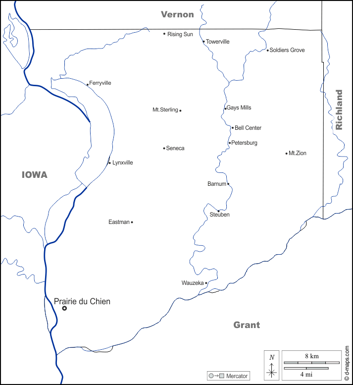 Contea di Crawford : d-maps.com: mappa gratuita, mappa muta gratuita, cartina muta gratuita : frontiere, idrografia, principali città, nomi, bianco