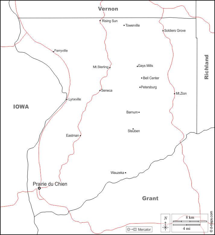 Contea di Crawford : d-maps.com: mappa gratuita, mappa muta gratuita, cartina muta gratuita : frontiere, principali città, strade, nomi, bianco