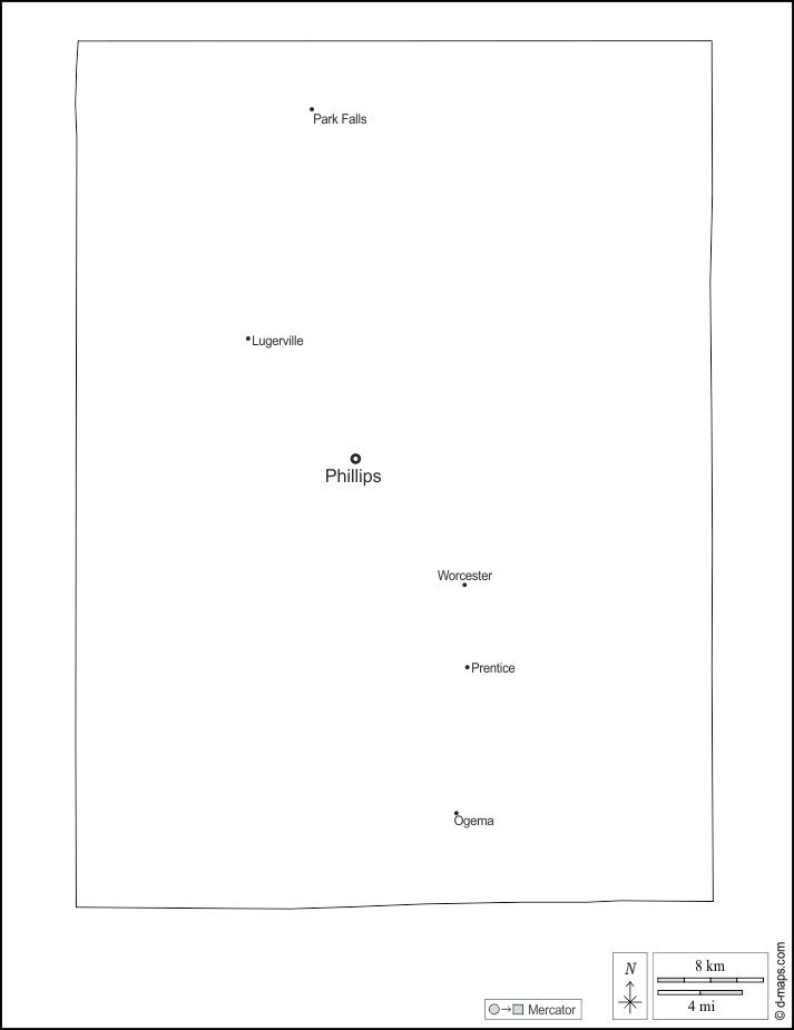Price County : d-maps.com: Kostenlose Karten, kostenlose stumme Karte, kostenlose unausgefüllt Landkarte, kostenlose hochauflösende Umrisskarte : Umrisse, Wichtige Städte, Namen, weiß