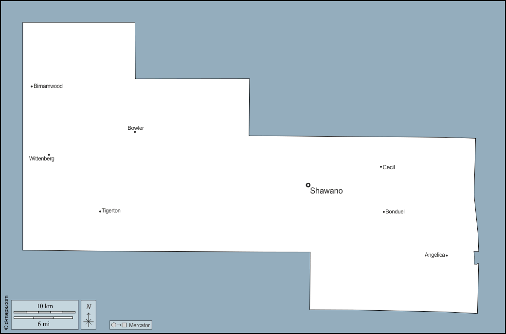 Contea di Shawano : d-maps.com: mappa gratuita, mappa muta gratuita, cartina muta gratuita : contorni, principali città, nomi
