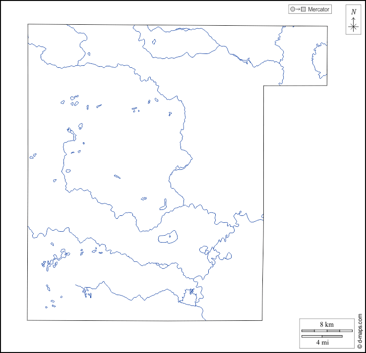 Contea di Waupaca : d-maps.com: mappa gratuita, mappa muta gratuita, cartina muta gratuita : contorni, idrografia, bianco