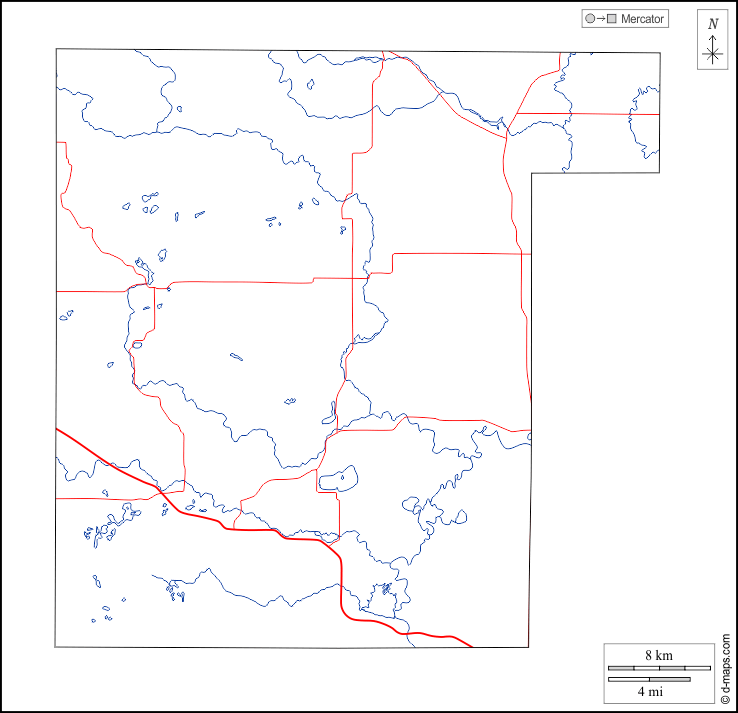 Contea di Waupaca : d-maps.com: mappa gratuita, mappa muta gratuita, cartina muta gratuita : contorni, idrografia, strade, bianco