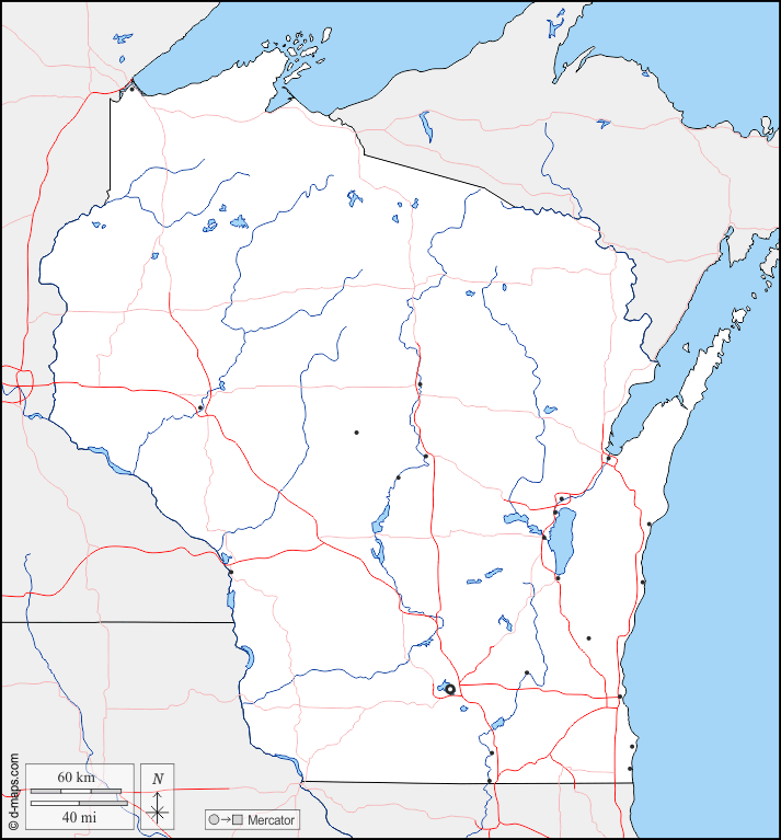 Wisconsin : d-maps.com: mappa gratuita, mappa muta gratuita, cartina muta gratuita : frontiere, idrografia, principali città, strade