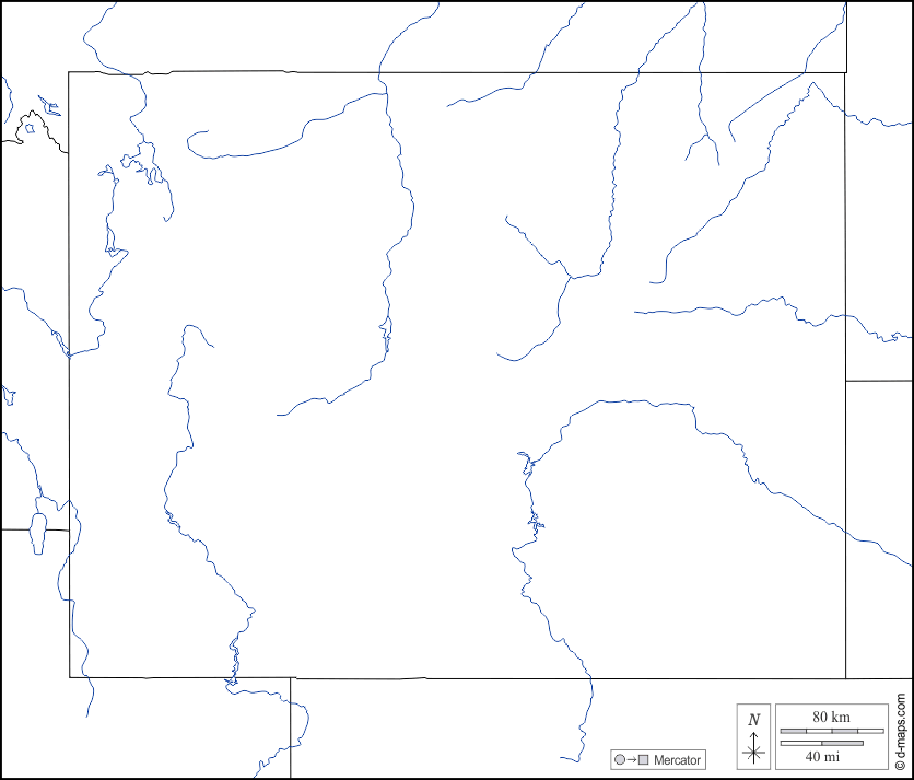 Wyoming : d-maps.com: Kostenlose Karten, kostenlose stumme Karte, kostenlose unausgefüllt Landkarte, kostenlose hochauflösende Umrisskarte : Grenzen, Hydrografie, weiß