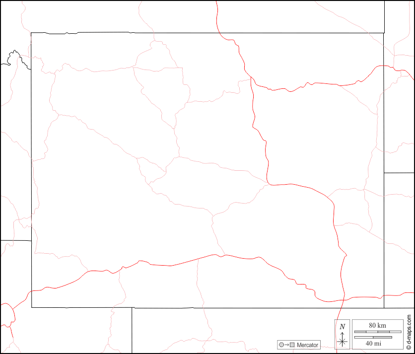 Wyoming : d-maps.com: Kostenlose Karten, kostenlose stumme Karte, kostenlose unausgefüllt Landkarte, kostenlose hochauflösende Umrisskarte : Grenzen, Straßen, weiß