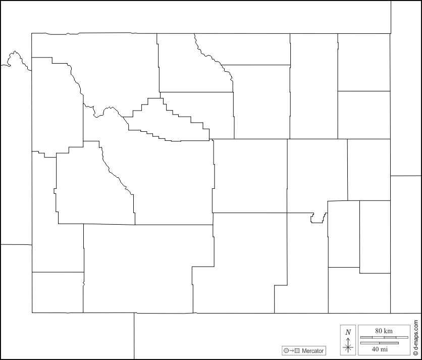 Wyoming : d-maps.com: mappa gratuita, mappa muta gratuita, cartina muta gratuita : frontiere, contee, bianco