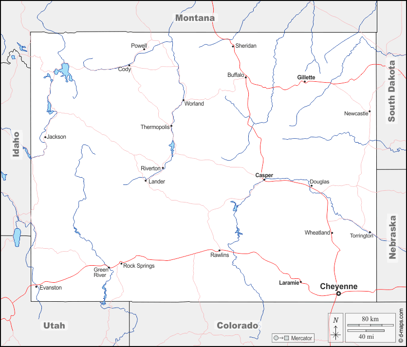 Wyoming : d-maps.com: Kostenlose Karten, kostenlose stumme Karte, kostenlose unausgefüllt Landkarte, kostenlose hochauflösende Umrisskarte : Grenzen, Hydrografie, Wichtige Städte, Straßen, Namen