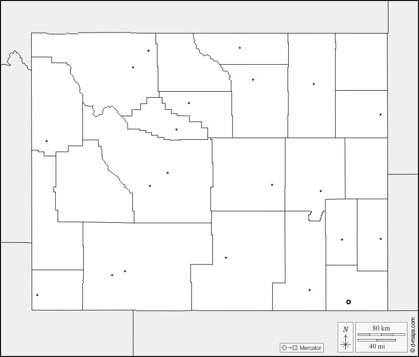 Wyoming : d-maps.com: Kostenlose Karten, kostenlose stumme Karte, kostenlose unausgefüllt Landkarte, kostenlose hochauflösende Umrisskarte : Grenzen, Landkreise, Wichtige Städte