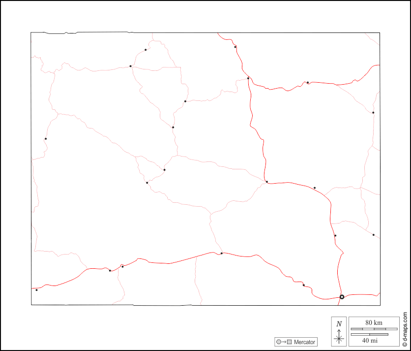 Wyoming : d-maps.com: carte géographique gratuite, carte géographique muette gratuite, carte vierge gratuite, fond de carte gratuit, formats graphiques courants : contours, principales villes, routes, blanc