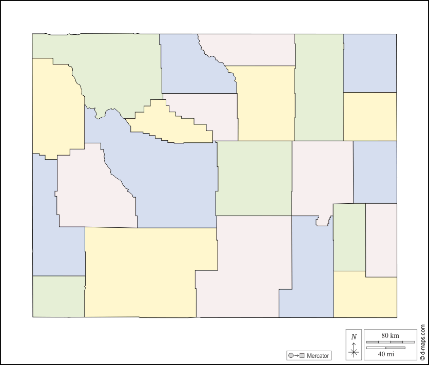 Wyoming : d-maps.com: carte géographique gratuite, carte géographique muette gratuite, carte vierge gratuite, fond de carte gratuit, formats graphiques courants : contours, comtés, couleur, blanc