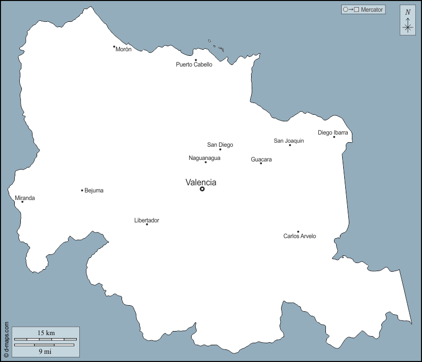 Carabobo : d-maps.com: mappa gratuita, mappa muta gratuita, cartina muta gratuita : contorni, principali città, nomi