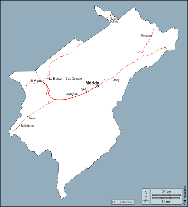 Mérida : d-maps.com: Kostenlose Karten, kostenlose stumme Karte, kostenlose unausgefüllt Landkarte, kostenlose hochauflösende Umrisskarte : Umrisse, Wichtige Städte, Straßen, Namen