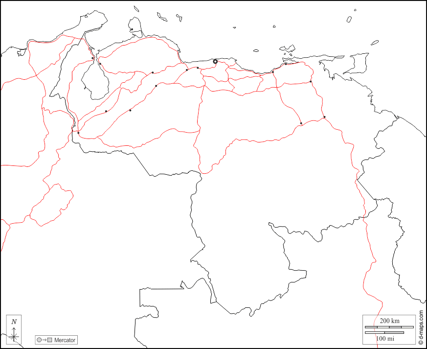 委内瑞拉 : d-maps.com: 免费地图, 免费的空白地图, 免费的轮廓地图, 免费基地地图 : 边界, 主要城市, 道路, 白