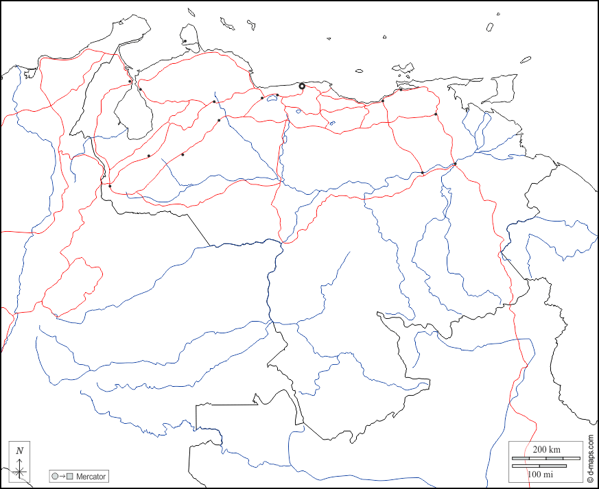 Venezuela : d-maps.com: mappa gratuita, mappa muta gratuita, cartina muta gratuita : frontiere, idrografia, principali città, strade, bianco