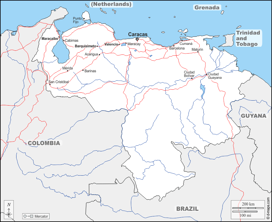 Venezuela : d-maps.com: mappa gratuita, mappa muta gratuita, cartina muta gratuita : frontiere, idrografia, principali città, strade, nomi