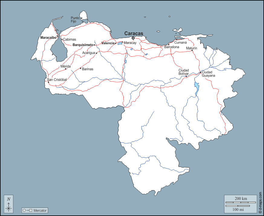 Venezuela : d-maps.com: mapa livre, mapa em branco livre, mapa livre do esboço, mapa básico livre
 : contornos, hidrografia, principais cidades, estradas, nomes