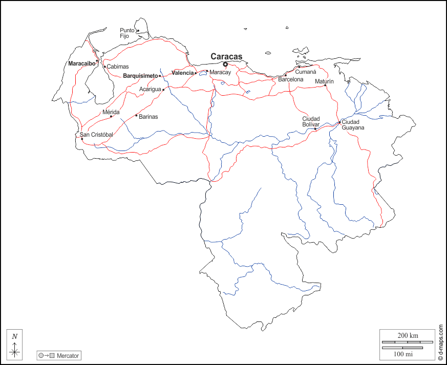 वेनेज़ुएला : d-maps.com: नि: शुल्क मानचित्र, नि: शुल्क रिक्त नक्शा, नि: शुल्क रूपरेखा मानचित्र, नि: शुल्क आधार मानचित्र
 : बाह्यरेखा, जल-सर्वेक्षण, मुख्य शहरों, सड़कों, नाम, सफेद