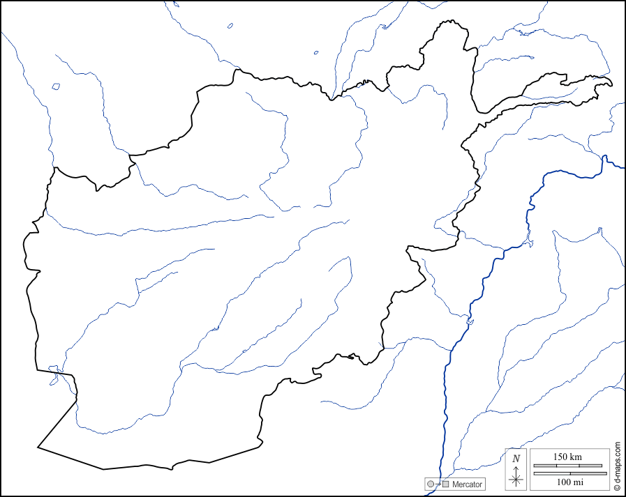 Afganistán : d-maps.com: mapa gratuito, mapa mudo gratuito, mapa en blanco gratuito, plantilla de mapa : costas, límites, hidrografía, blanco