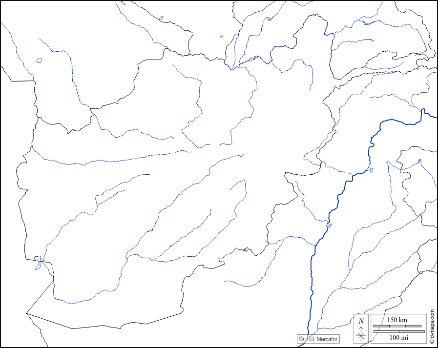 阿富汗 : d-maps.com: 免费地图, 免费的空白地图, 免费的轮廓地图, 免费基地地图 : 边界, 水文学, 白
