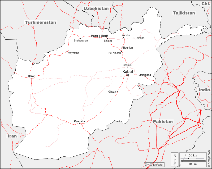 Afghanistan : d-maps.com: Kostenlose Karten, kostenlose stumme Karte, kostenlose unausgefüllt Landkarte, kostenlose hochauflösende Umrisskarte : Grenzen, Wichtige Städte, Straßen, Namen