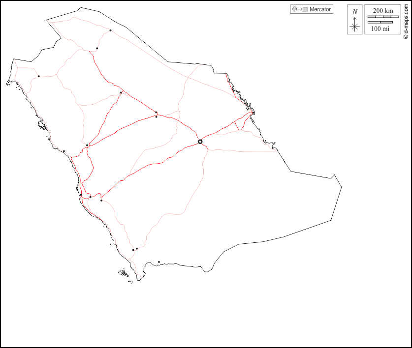 السعودية : خريطة مجانية, خريطة خاليه من الفراغ, خريطة الخطوط العريضة, خريطة القاعدة الحرة
 : الخطوط العريضة, المدن الرئيسية, الطرق, أبيض