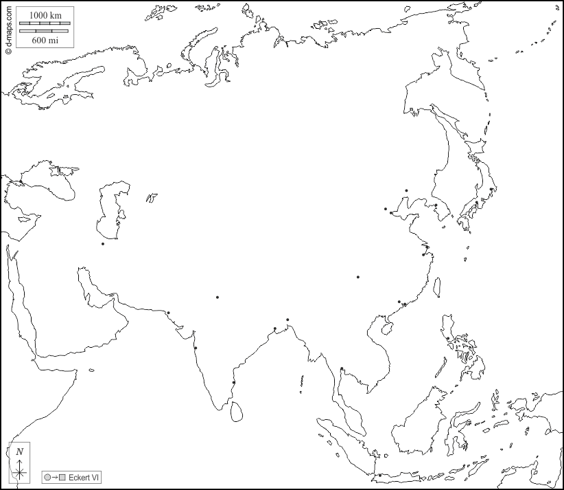Asie : d-maps.com: carte géographique gratuite, carte géographique muette gratuite, carte vierge gratuite, fond de carte gratuit, formats graphiques courants : littoraux, principales villes, blanc