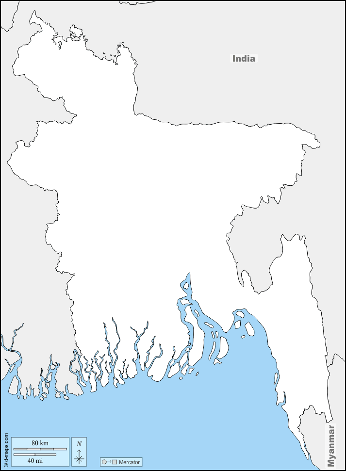 Bangladesch : d-maps.com: Kostenlose Karten, kostenlose stumme Karte, kostenlose unausgefüllt Landkarte, kostenlose hochauflösende Umrisskarte : Grenzen, Namen