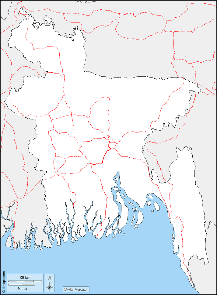 Bangladesch : d-maps.com: Kostenlose Karten, kostenlose stumme Karte, kostenlose unausgefüllt Landkarte, kostenlose hochauflösende Umrisskarte : Grenzen, Straßen
