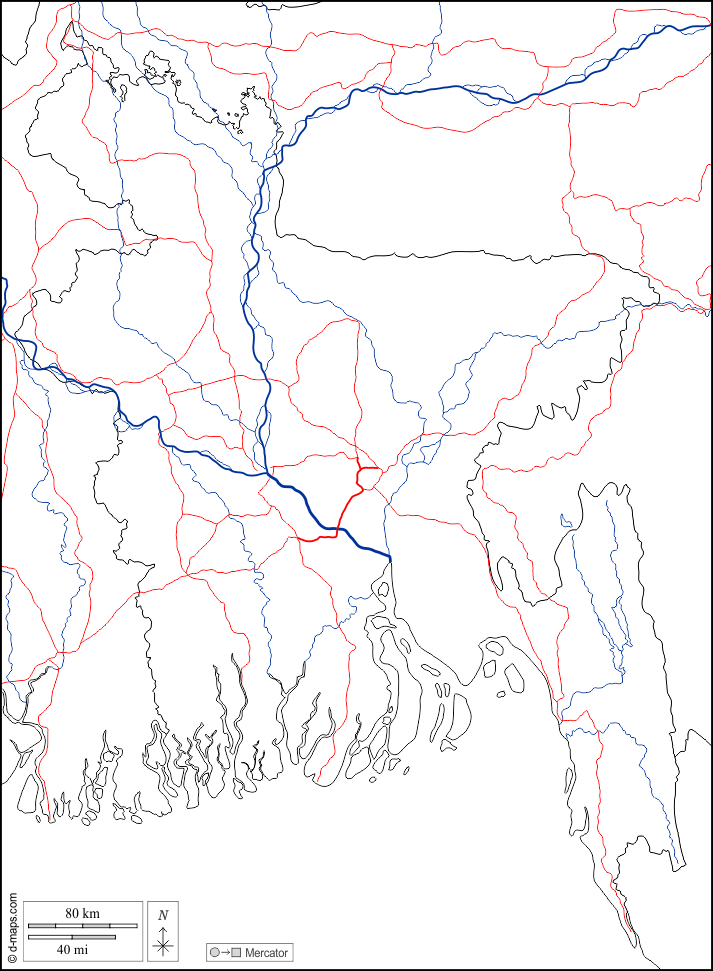バングラデシュ : d-maps.com: 無料地図, 無料の空の地図, 無料のアウトラインマップ, 無料のベースマップ
 : 境界, 川と湖, 道路, 白い