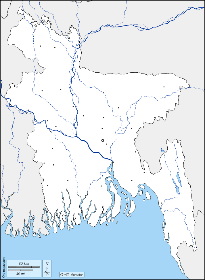 Bangladés : d-maps.com: mapa gratuito, mapa mudo gratuito, mapa en blanco gratuito, plantilla de mapa : fronteras, hidrografía, principales ciudades