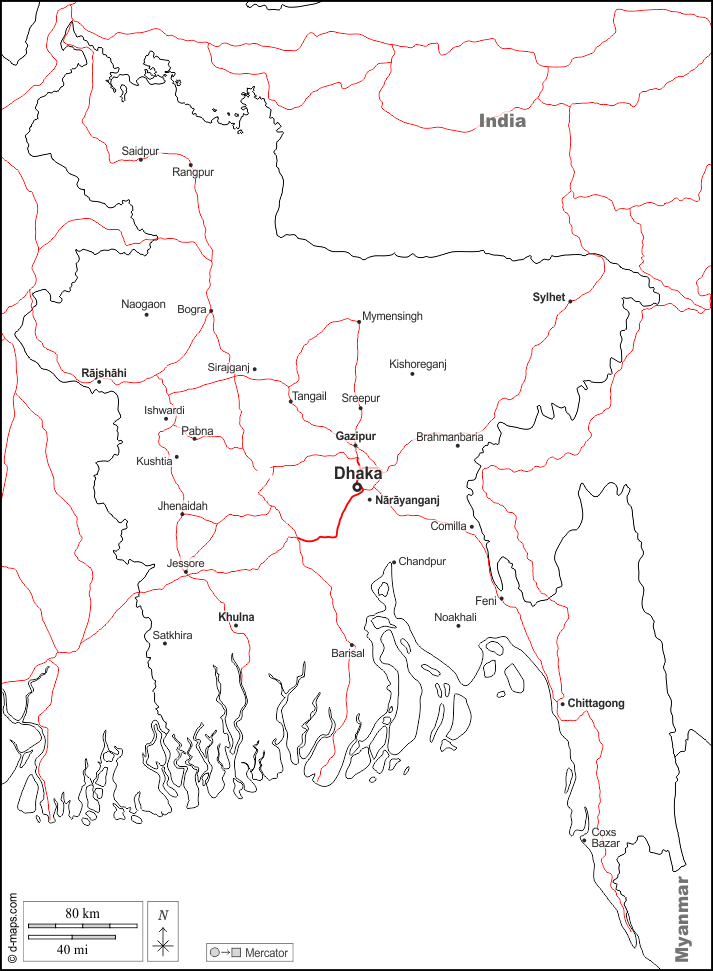 Bangladesch : d-maps.com: Kostenlose Karten, kostenlose stumme Karte, kostenlose unausgefüllt Landkarte, kostenlose hochauflösende Umrisskarte : Grenzen, Wichtige Städte, Straßen, Namen, weiß