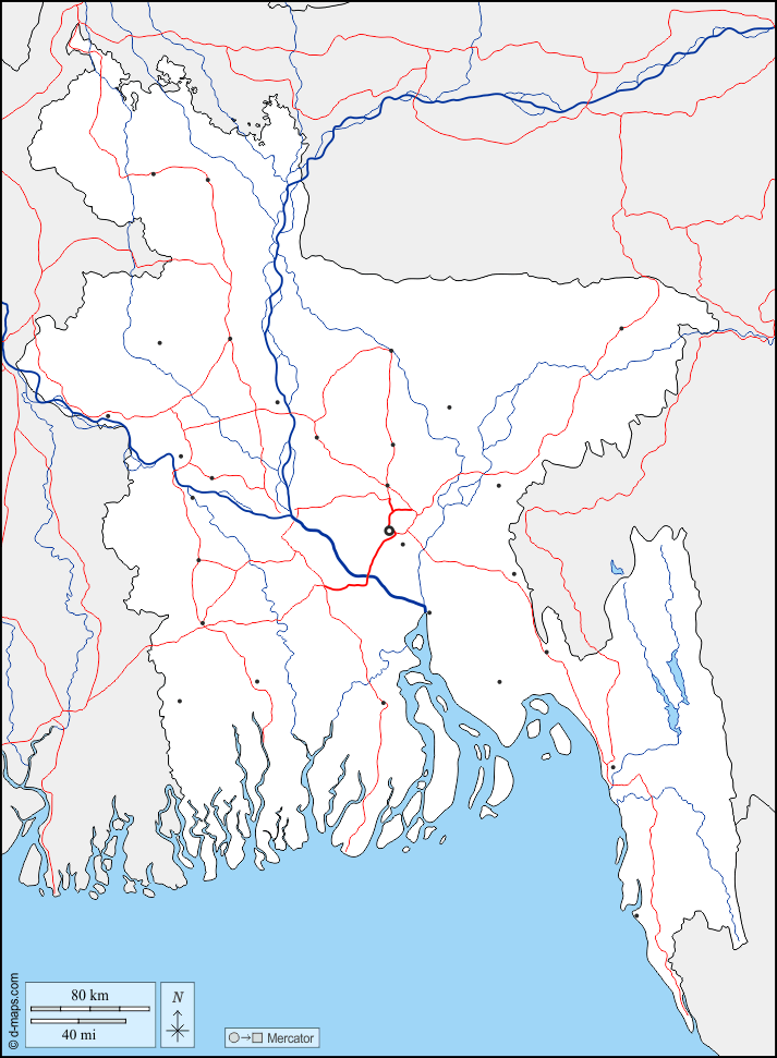 Bangladesch : d-maps.com: Kostenlose Karten, kostenlose stumme Karte, kostenlose unausgefüllt Landkarte, kostenlose hochauflösende Umrisskarte : Grenzen, Hydrografie, Wichtige Städte, Straßen