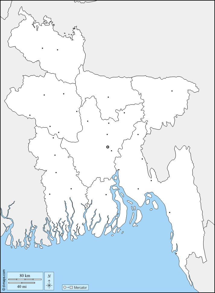 Bangladesch : d-maps.com: Kostenlose Karten, kostenlose stumme Karte, kostenlose unausgefüllt Landkarte, kostenlose hochauflösende Umrisskarte : Grenzen, Abteilungen, Wichtige Städte