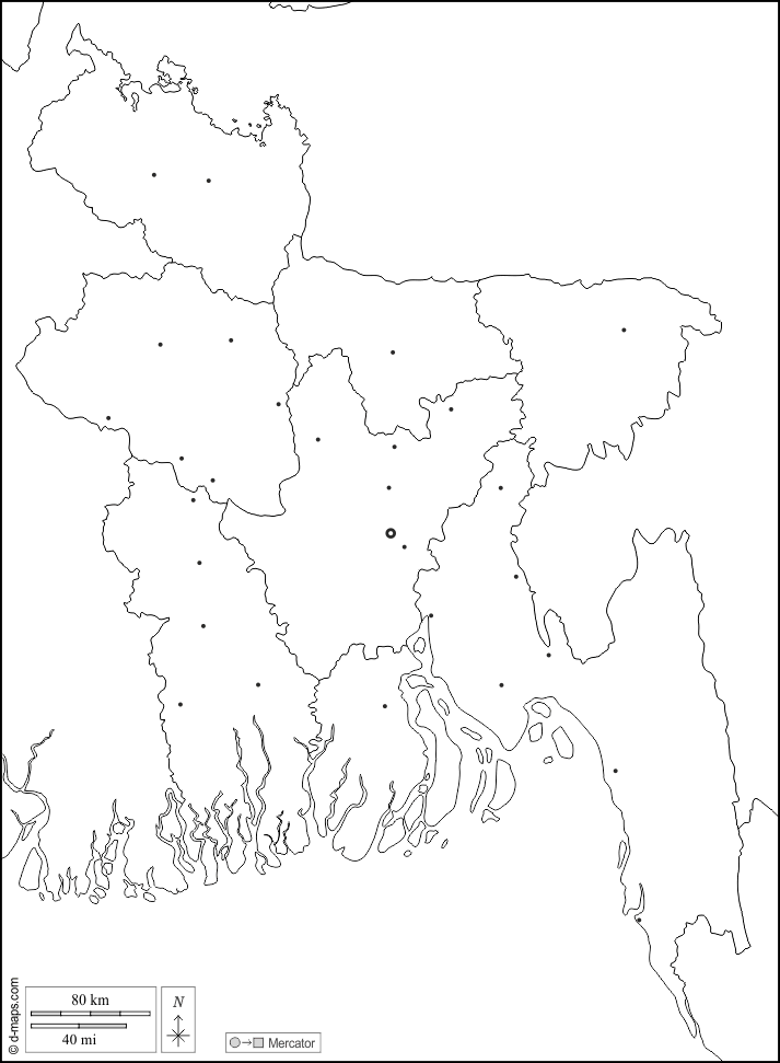 Bangladesch : d-maps.com: Kostenlose Karten, kostenlose stumme Karte, kostenlose unausgefüllt Landkarte, kostenlose hochauflösende Umrisskarte : Grenzen, Abteilungen, Wichtige Städte, weiß