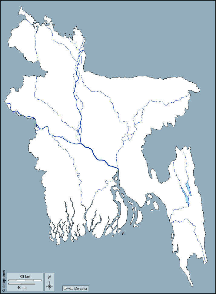 Bangladesh : d-maps.com: free map, free blank map, free outline map, free base map : outline, hydrography