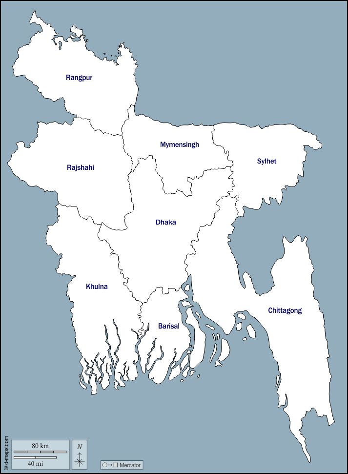 バングラデシュ : d-maps.com: 無料地図, 無料の空の地図, 無料のアウトラインマップ, 無料のベースマップ
 : 輪郭, 部門, 名前