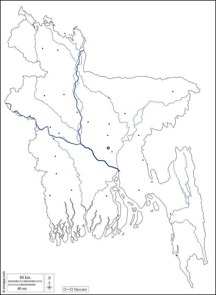 孟加拉国 : d-maps.com: 免费地图, 免费的空白地图, 免费的轮廓地图, 免费基地地图 : 大纲, 水文学, 主要城市, 白