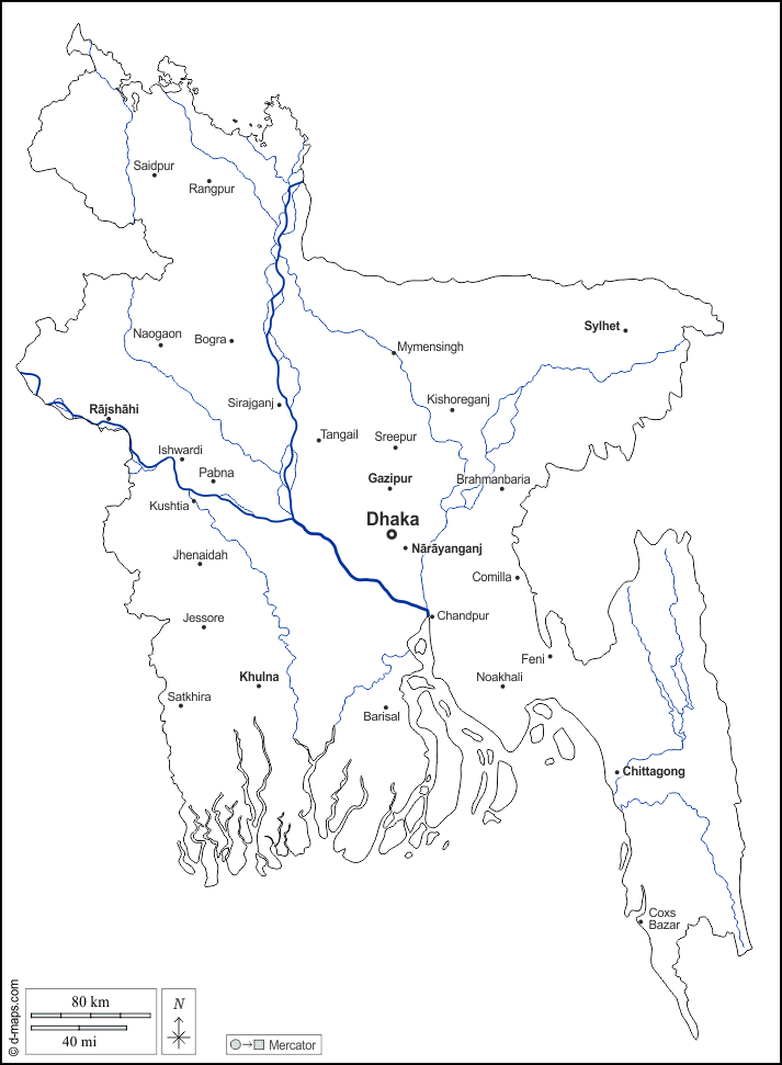 Bangladesh : d-maps.com: carte géographique gratuite, carte géographique muette gratuite, carte vierge gratuite, fond de carte gratuit, formats graphiques courants : contours, hydrographie, principales villes, noms, blanc