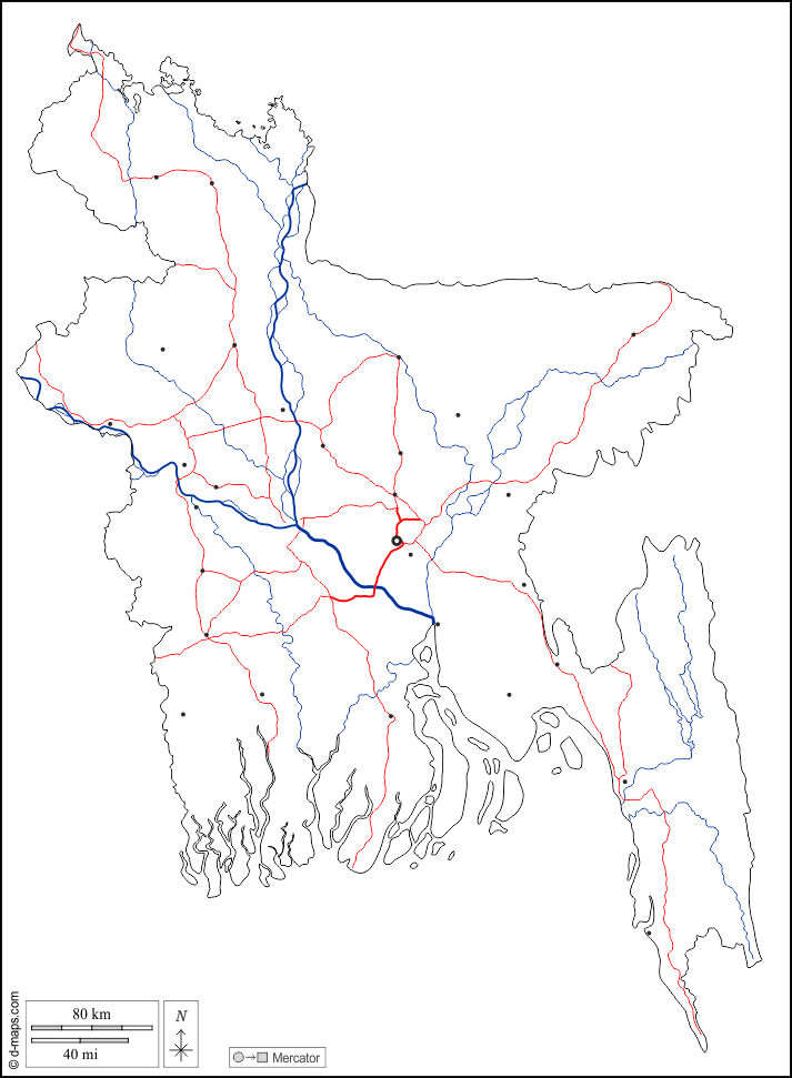 بنغلاديش : خريطة مجانية, خريطة خاليه من الفراغ, خريطة الخطوط العريضة, خريطة القاعدة الحرة
 : الخطوط العريضة, هيدروغرافيا, المدن الرئيسية, الطرق, أبيض